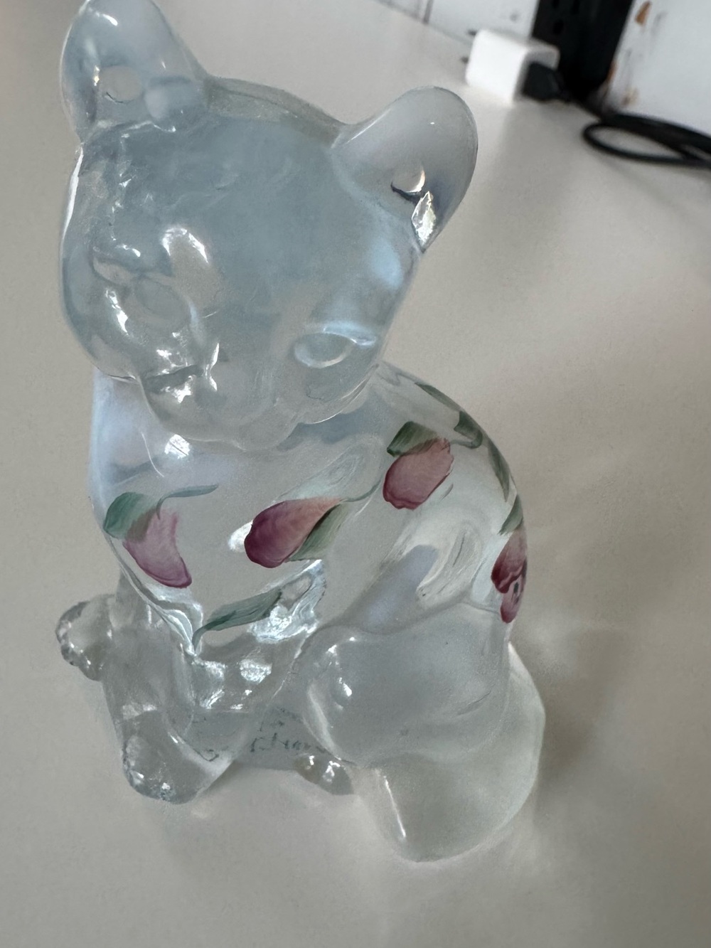 Vintage Fenton Art Glass Cat Clear French Opalescent Hand-Painted Floral Signed